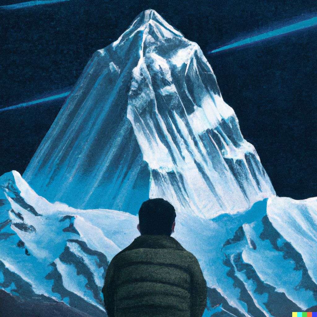 someone gazing at Mount Everest, futuristic print